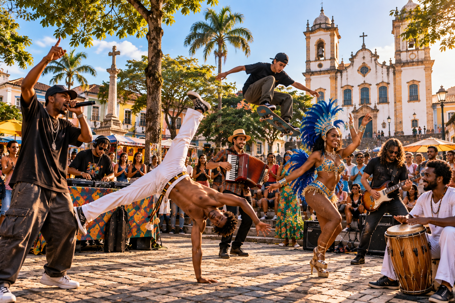 Diversidade de pessoas e manifestações artísticas representando identidade cultural