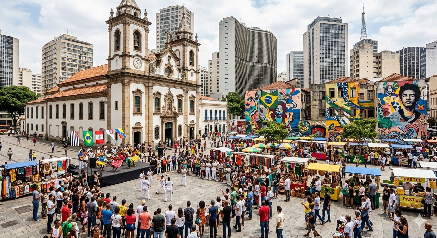 Arte presente na comunidade, com feira, música, artesanato, grafite e manifestações populares